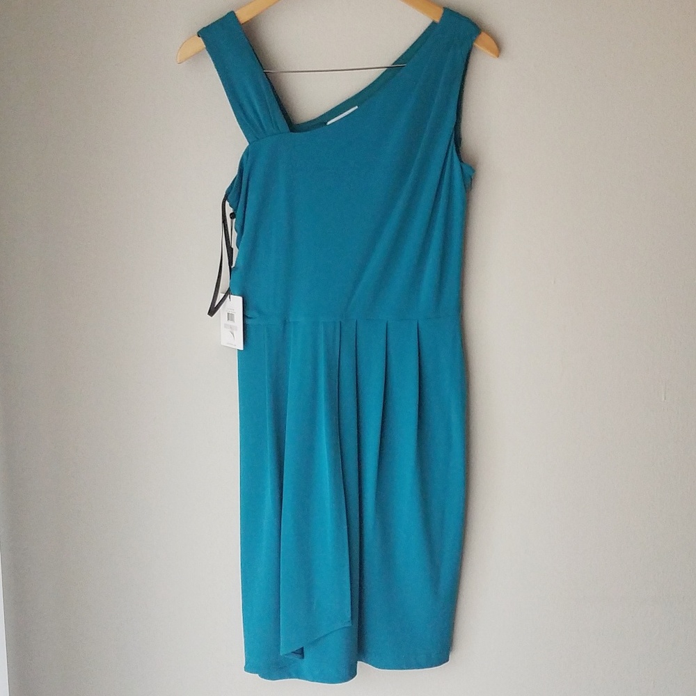 CALVIN KLEIN Asymmetrical Blue Spruce Neck Faux Wrap Dress NWT Size 6